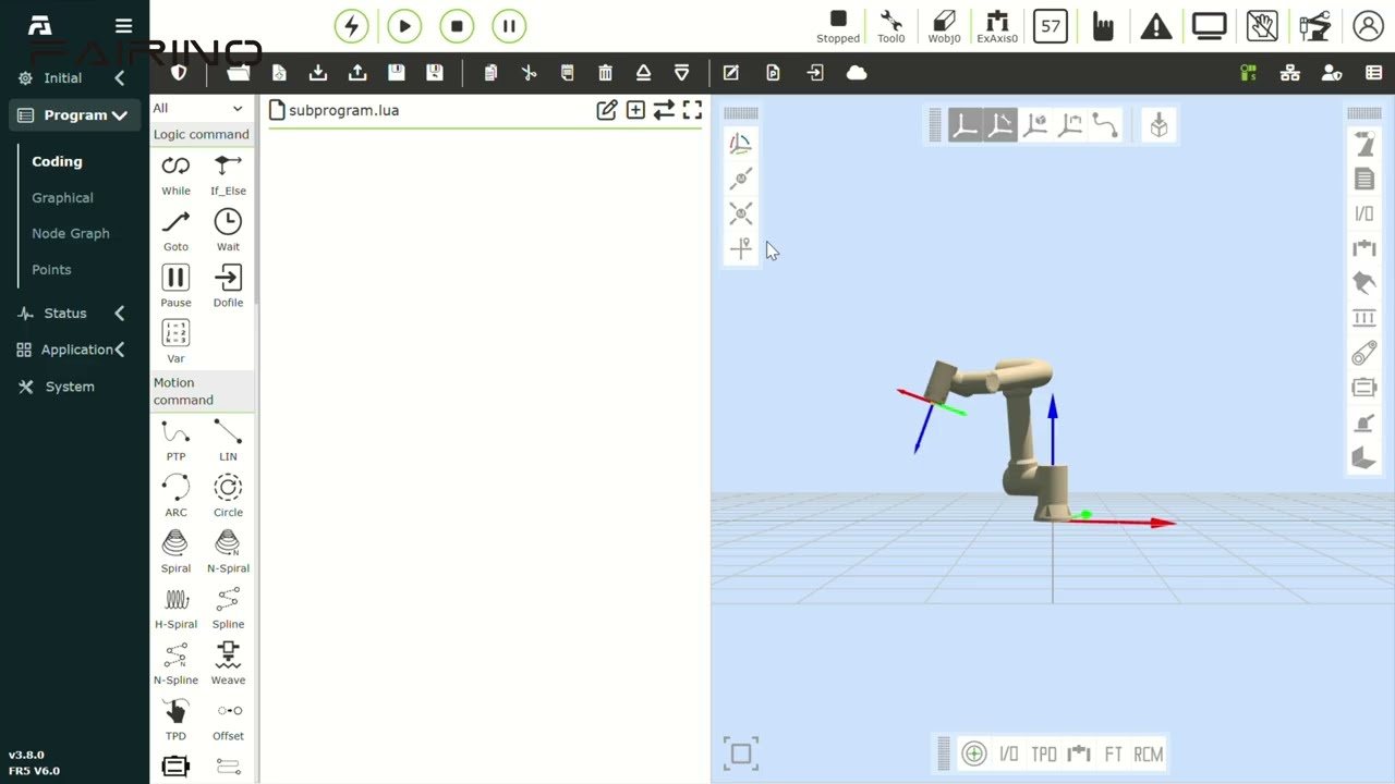 Edytor programu w FAIRINO WebApp z podglądem 3D robota.
